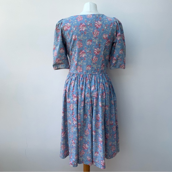 Vintage Laura Ashley Size 14 Cotton Tea Dress Button Front Blue Cornflower Pink - Picture 8 of 13